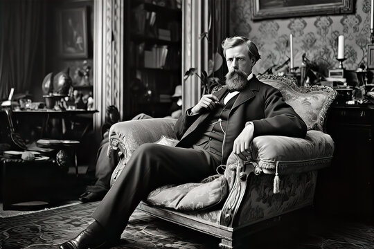 Rich man aristocracy, banker, businessman sits in chair in drawing room, 1890. Vintage photo made with Generative AI 