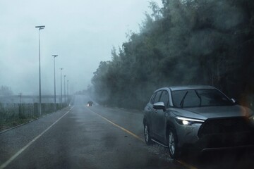 Fototapeta na wymiar car driving in the fog