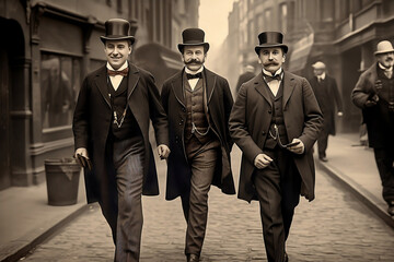 Rich English men walking on street, 1890th, vintage photo Generative AI