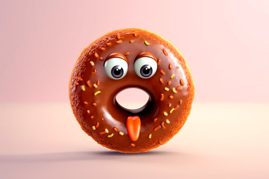 Chocolate caramel donut with eyes on light background. Generative AI. Cute smiling creature resembling doughnut. National Donut Day or Fat Thursday. Illustration for cafe, fast food, menu for kids.