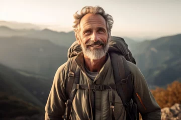 Gordijnen Portrait of happy senior man with backpack standing on the top of mountain and looking at camera © igolaizola