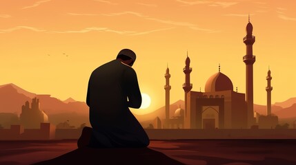 3D cartoon illustrations of mosques and lanterns produced for the holy festival.AI generated.