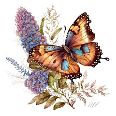 Butterflies in vintage watercolor style and Floral card with flowers, leaves, branches, Generative AI