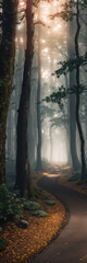 Mysterious misty forest in the morning. Magical autumn landscape