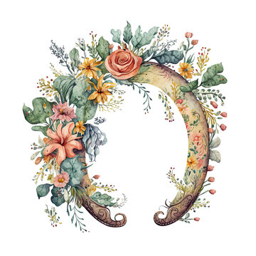 recommend clip art: Watercolor floral cowboy horseshoe. horseshoe and flowers. Farmhouse rustic clipart. Western Illustration, Generative AI
