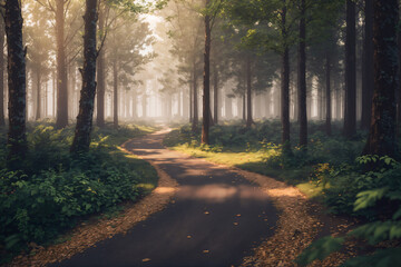 morning in the forest and road in the middle