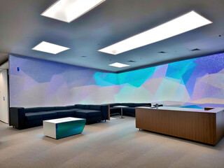 Interior of a modern office with reception desk and sofas