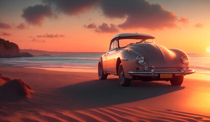 Fototapeta na wymiar Abandoned car on the beach background. Generative AI