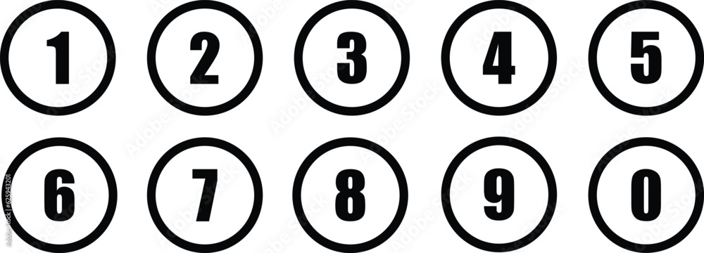Poster set of numbers . number circles set 0 to 9 . set of round 0-9 numbers icon for education . vector il