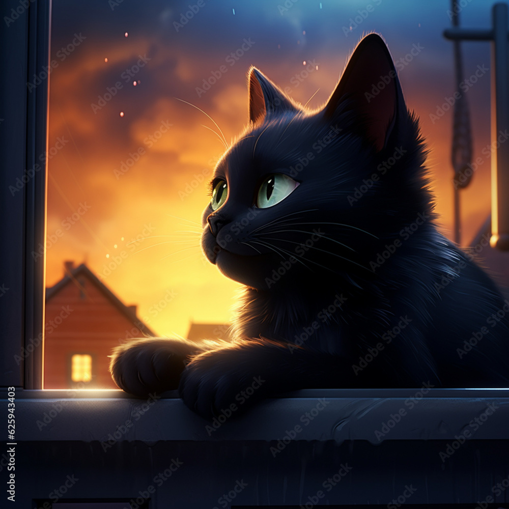 Poster black cat on the window