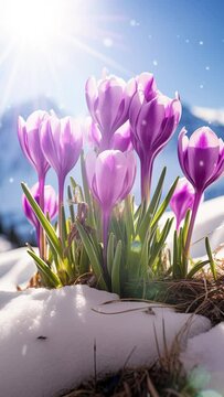 Close-up beautiful flowers tulips on snowy grounds. Vertical video