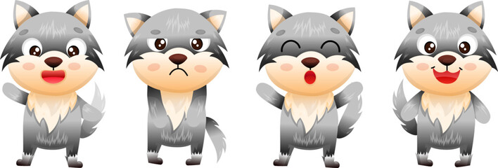 A set of wolf characters with emotions: normal, sadness, servitude, fun, smile. For textbooks, books, websites. On an isolated white background. © Ekaterina