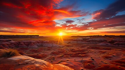 Fototapeta na wymiar Southwest Sunsets: A Painted Desert Arizona Sunset with Fiery Sunbeams over the National Park: Generative AI