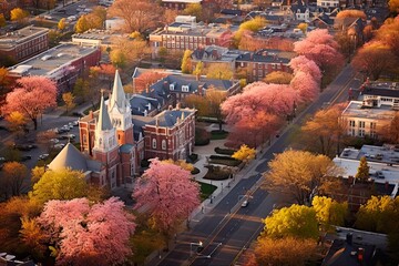 Up High in the Skies Over Lancaster, Pennsylvania. Aerial View of Historic Downtown with Blooming Trees & Architectural Buildings: Generative AI