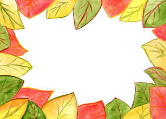 Autumn watercolor background of leaves. Abstract illustration frame, background for text.