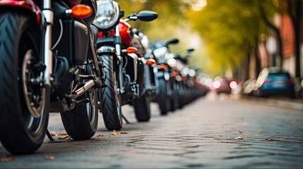 Row of Motorcycles on Asphalt - Closeup Shot with Selective Focus - Experience the Thrill of the Ride: Generative AI