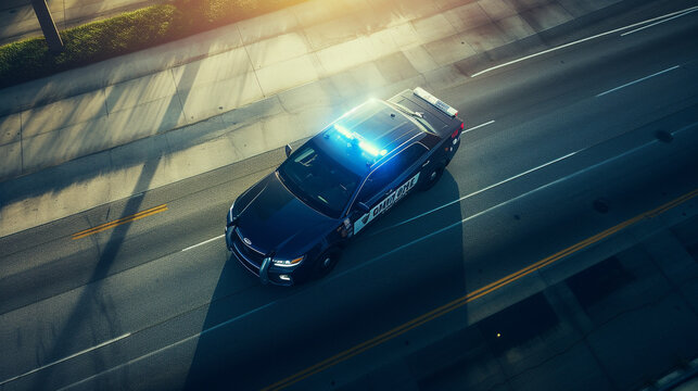 speeding police car , blue lights, answering an emergency, from above,  Created using generative AI tools.