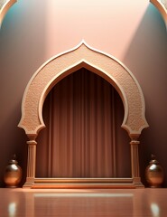 Islamic display podium with mosque window curtain background, ramadan kareem, mawlid, isra miraj, eid al fitr adha, muharram, 3d illustration, generative AI