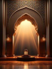 Islamic display podium with mosque window arabic lantern background, ramadan kareem, mawlid, isra miraj, eid al fitr adha, muharram, 3d illustration, generative AI