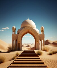 Islamic display podium with mosque gate stair step background in the sand dunes, ramadan kareem, mawlid, isra miraj, eid al fitr adha, muharram, 3d illustration, generative AI