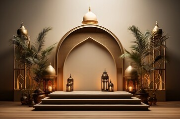 Islamic display podium with mosque window arabic lantern background, ramadan kareem, mawlid, isra miraj, eid al fitr adha, muharram, 3d illustration, generative AI