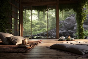 Concept of relaxation in yoga retreats amidst nature, Generative AI