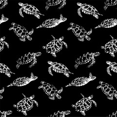 Sea turtles in the depths of the sea - monochrome black and white seamless pattern. Environmental Protection. Esoteric symbols, totem animal. Strict minimalist design for fabric