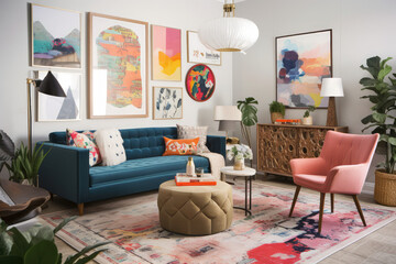 A colorful and eclectic living room inspired by mid-century modern design, with vintage pieces mixed with contemporary art and bold pops of color, generative AI	
