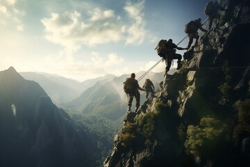 Photograph of people practicing adventure sports in the mountain, Generative AI