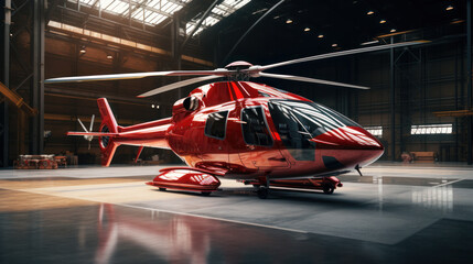 Business luxury helicopter in hangar. Rotorcraft and aircrafts under maintenance. Checking mechanical systems for flight operations - obrazy, fototapety, plakaty