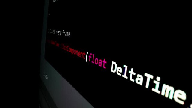 Closeup macro shot movement of coding script moving across LED screen with real-time AI-generated typing, showcasing advanced AI learning in optimization, debug and coding for software development.