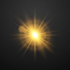 A sparkling and shining star, a bright flash of lights with radiation. A bright, sparkling golden element with highlights and rays on a dark transparent background. Vector EPS 10.