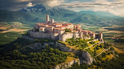 Discovering the Beauty of Abruzzo: Castel del Monte, an Idyllic Italian Village Nestled in the Apennine Mountains. Generative AI - obrazy, fototapety, plakaty