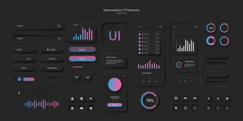 User interface elements for a mobile application in a dark style. A set for developing a modern website or mobile application in the Neumorphism style. Vector EPS 1 0. - obrazy, fototapety, plakaty