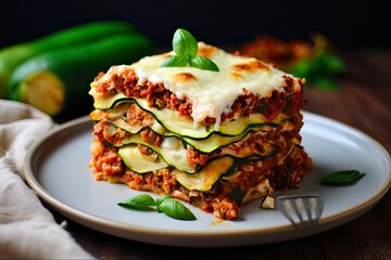 Healthy Zucchini Lasagna Bolognese - A Delicious and Nutritious Dinner Dish for Vegetarians with Layers of Zucchini, Bolognese, and Cheese. Perfect for Baking: Generative AI - obrazy, fototapety, plakaty