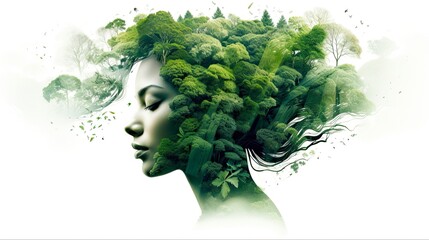 Isolated Double Exposure Effects for Women with Attractive Green Tree. Gorgeous Natural and Meditative Eco-friendly White Background. Generative AI © AIGen
