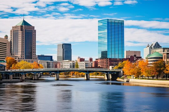 Grand Rapids MI Skyline View from Grand River - Architecture and Riverfront of Downtown City in Michigan. Generative AI