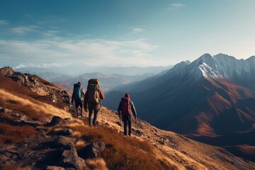 Photograph of people hiking in mountains with panoramic views, Generative AI