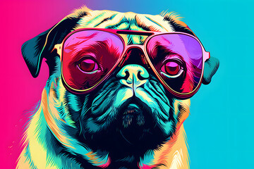 pop art retro style pug wearing sunglasses - obrazy, fototapety, plakaty