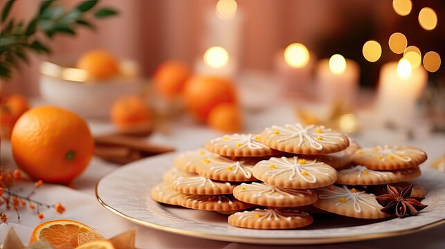 christmas cookies on a table with lights in the background. 