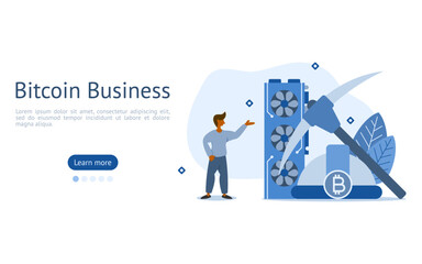 Bitcoin investment illustration set. characters are mining bitcoins with graphics cards. Bitcoin mining and investment concept vector.