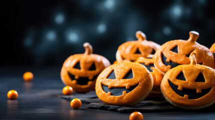 Cute Halloween pumpkin biscuits closeup  dark background 