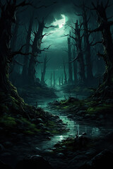 Dark forest fantasy landscape background