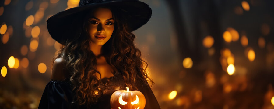 Beautiful witch with a Halloween pumpkin