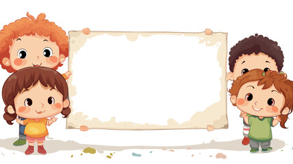 Fototapeta premium Vector illustration. Cute Children holding a white plate with space for text ( copy space) on a white background. AI generated.