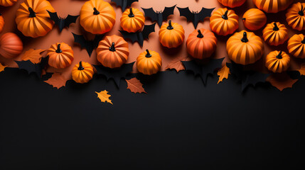 Paper art bats and pumpkins on vivid background 