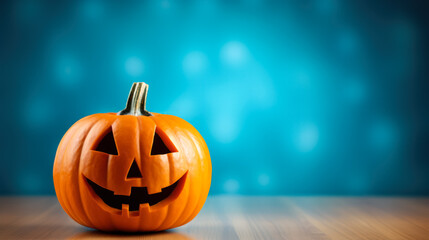Cute Halloween pumpkin on vivid background with a place for text 