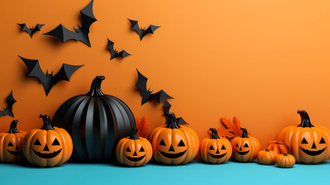 Paper art bats and pumpkins on vivid background 