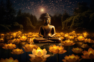 glowing Lotus flowers and gold buddha statue, generative AI	

