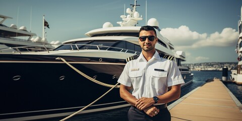confident captain standing in front of a luxury yacht. The captain exudes a sense of...